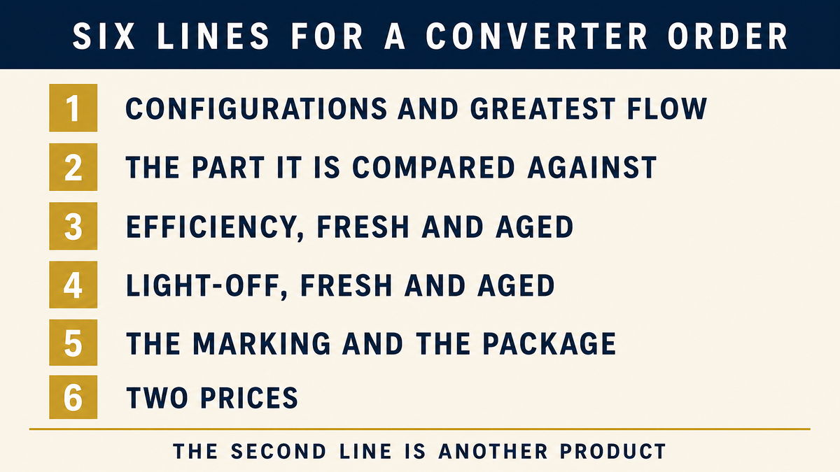An infographic listing six lines for a converter order, the configuration list and its greatest peak air flow, the part it is compared against, conversion efficiency fresh and aged with the feed gas, light-off time fresh and aged, the marking and the package, and two prices