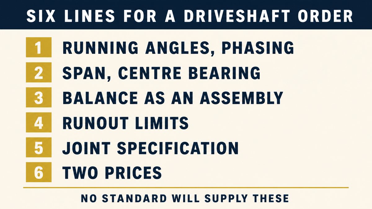 Six numbered order lines for a driveshaft: running angles and phasing, span and centre bearing, assembly balance, runout, joint specification, two prices