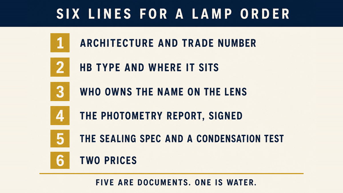 An infographic listing six lines for a headlight order, the architecture and trade number, the HB type and where the mark sits, the owner of the name on the lens, the photometry report and its signature, the sealing specification and a condensation test, and two prices