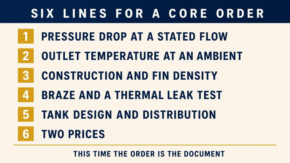 Six numbered lines for an intercooler order: pressure drop at a stated flow, outlet temperature, construction and fin density, braze and leak test, tank design, two prices
