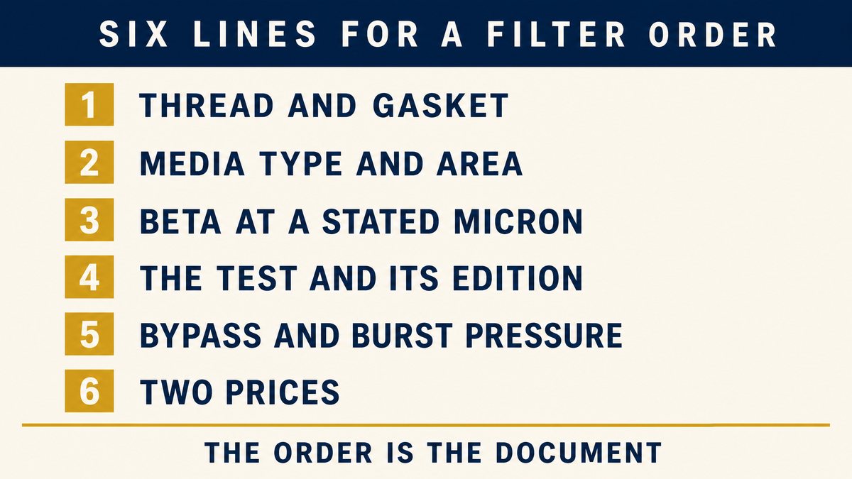 Six numbered lines for an oil filter order: thread and gasket, media type and area, beta at a stated micron, the test named, bypass and burst pressure, two prices