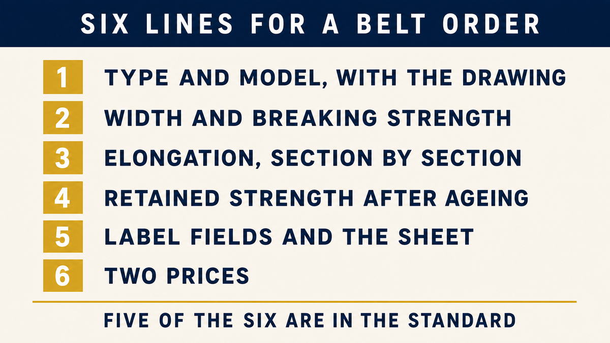 Six numbered lines for a seat belt order: type and model, width and strength, elongation, retained strength, label and sheet, two prices