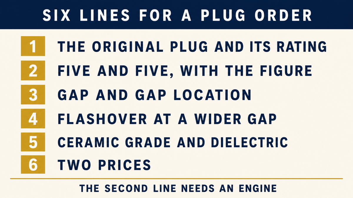 An infographic listing six lines for a spark plug order, the original plug and its rating, the five and five comparison, gap and gap location, flashover at a wider gap, ceramic grade and dielectric figure, and two prices