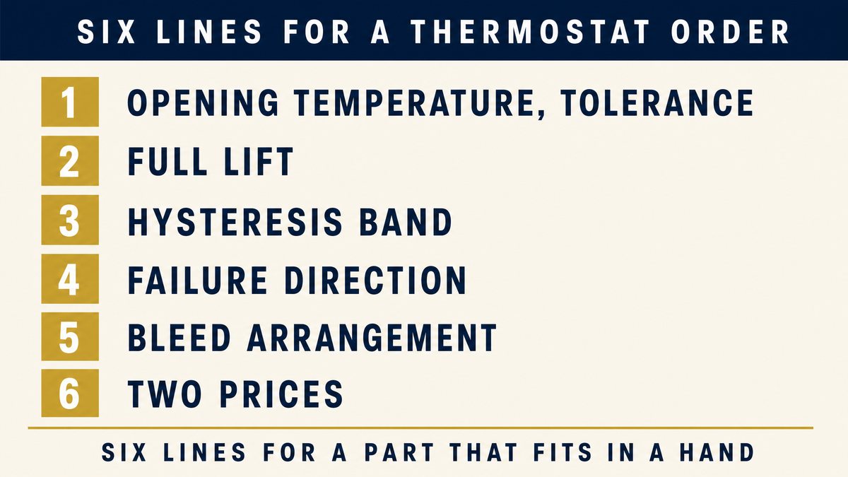 Six numbered order lines for a thermostat: opening temperature with tolerance, full lift, hysteresis band, failure direction, bleed arrangement, two prices