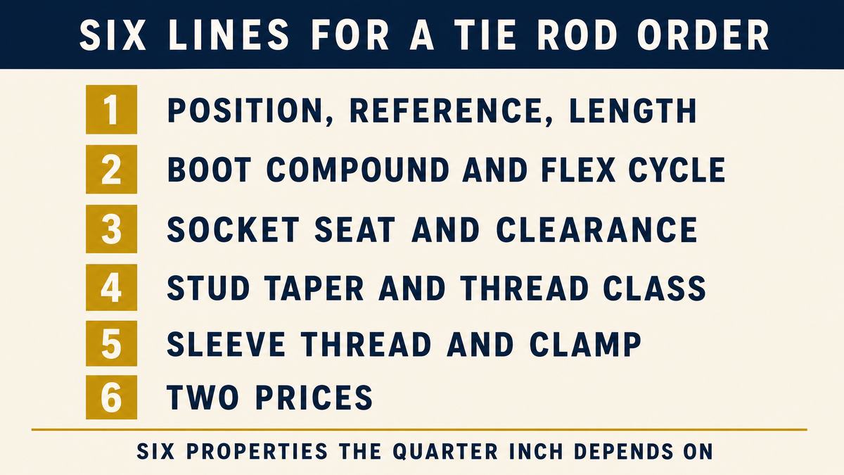 Six numbered lines for a tie rod order: position and length, boot compound, socket seat, stud taper, sleeve thread, two prices