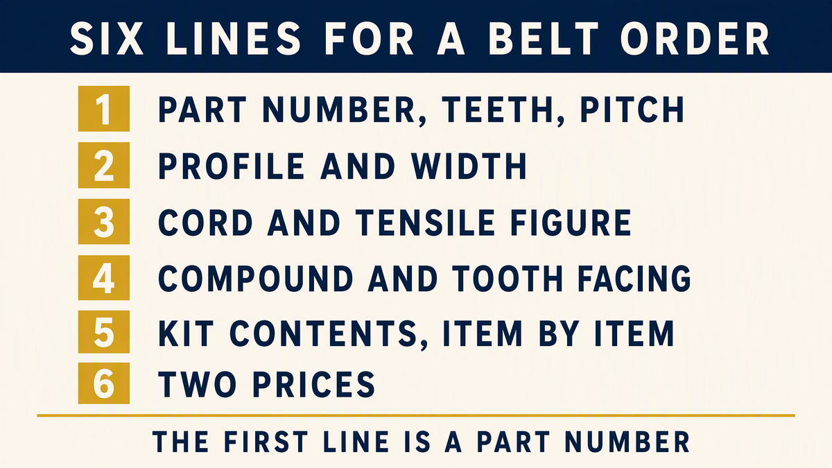 An infographic listing six lines for a timing belt order, the original part number with tooth count and pitch, profile and width, cord material and tensile figure, compound and tooth facing, kit contents item by item, and two prices