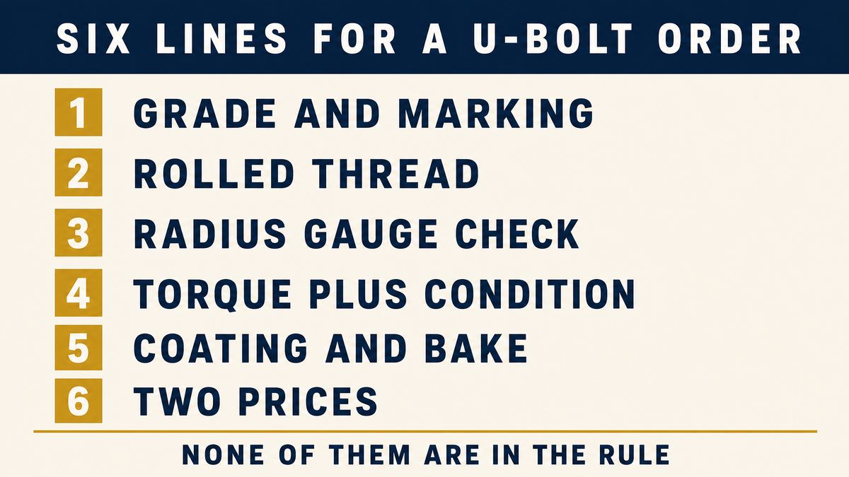 Six numbered order lines for a U-bolt: grade and marking, rolled thread, radius gauge check, torque with thread condition, coating and bake, two prices