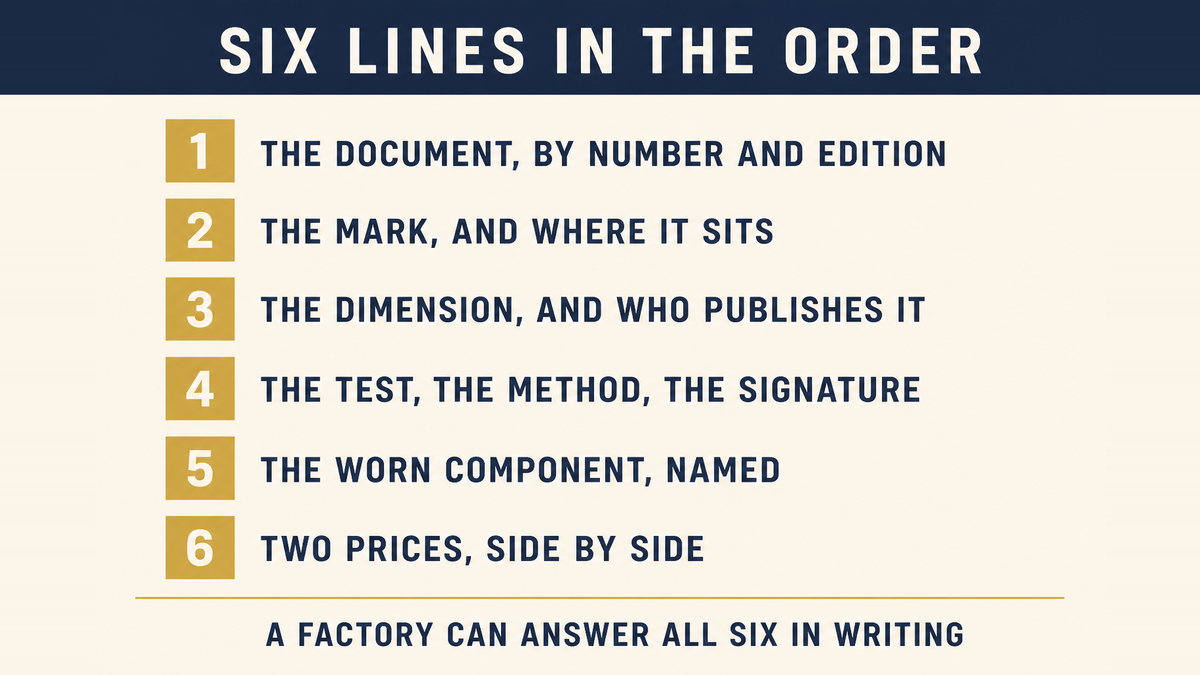 An infographic listing six lines to put in an order, the document by number and edition, the mark and where it sits, the dimension and who publishes it, the test the method and the signature, the worn component named, and two prices side by side