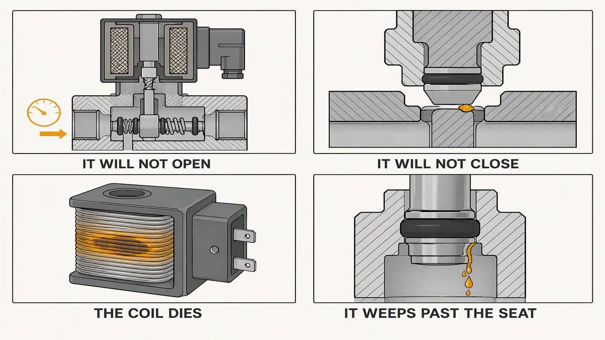 Four solenoid valve failure modes in section: a coil that hums without opening, a valve that will not close on a fouled seat, a burnt-out coil and leakage past a worn seal