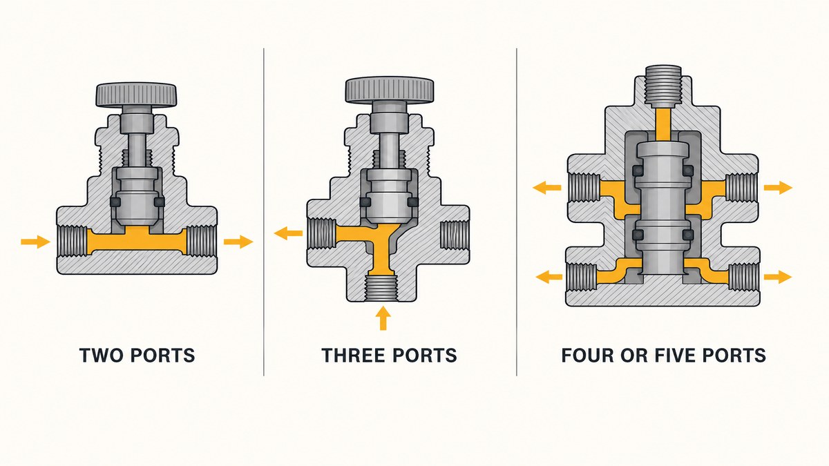 Solenoid valve port configurations drawn in section: a two-port on-off valve, a three-port diverting valve and a four-port valve for a double-acting cylinder
