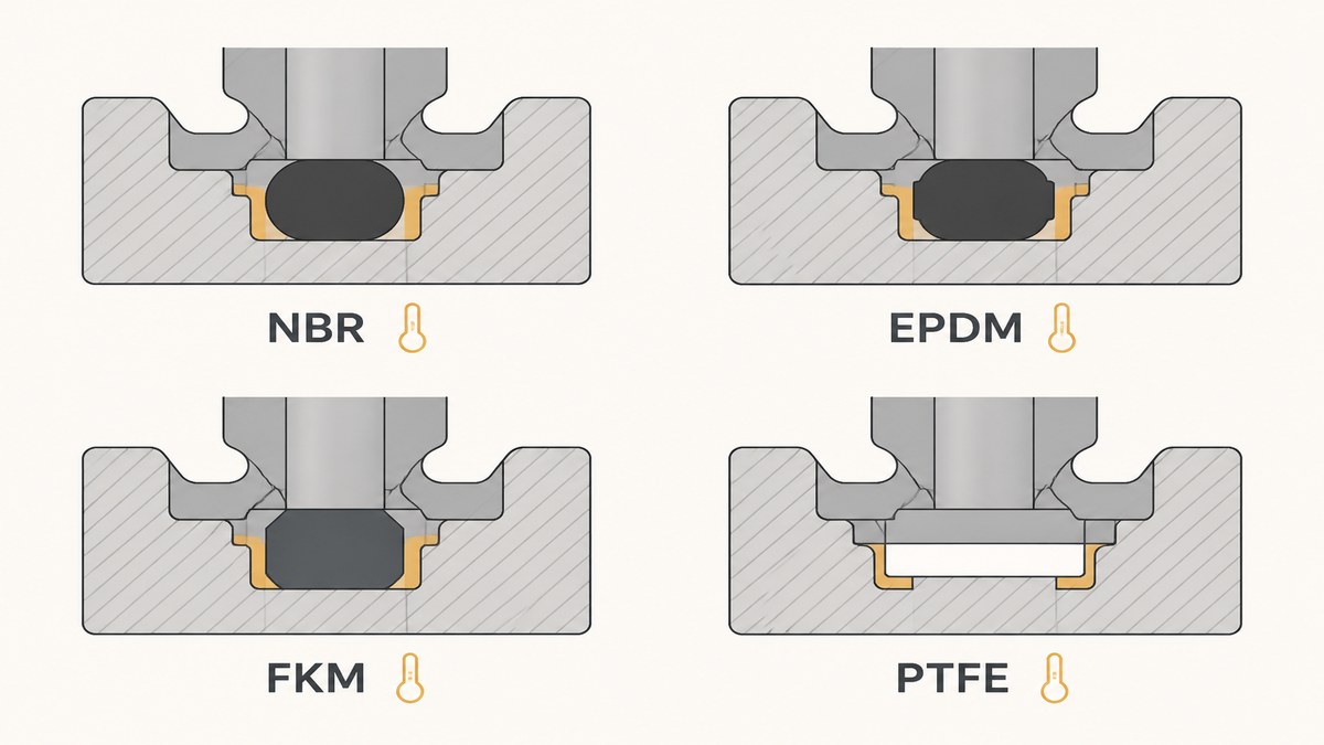 Four solenoid valve seal materials compared by the media and temperature each one survives: NBR, EPDM, FKM and PTFE