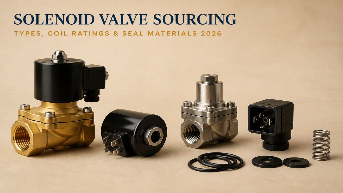 Solenoid valve sourcing cover: a brass two-way solenoid valve with its coil fitted, a loose coil with terminal pins, a stainless valve body, a DIN plug connector, O-rings and seal discs on a beige studio surface