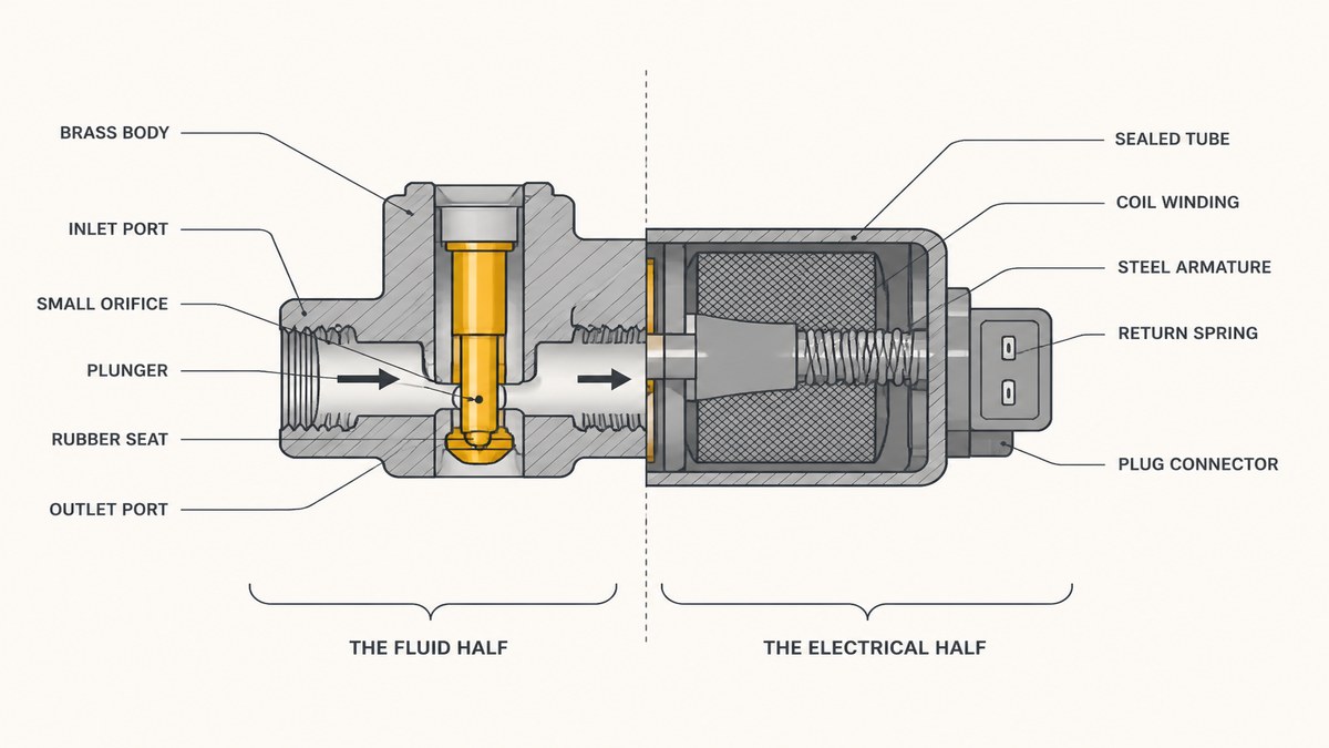 A solenoid valve split into its fluid half and its electrical half, with callouts naming the body, orifice, plunger, seal, sealed tube, coil, spring and connector