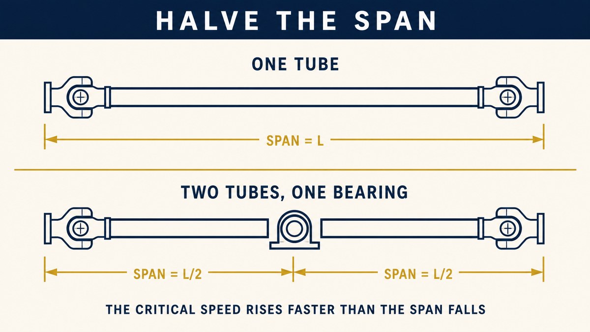Diagram of a single long shaft against a two-piece shaft with a centre bearing, showing the unsupported span halved