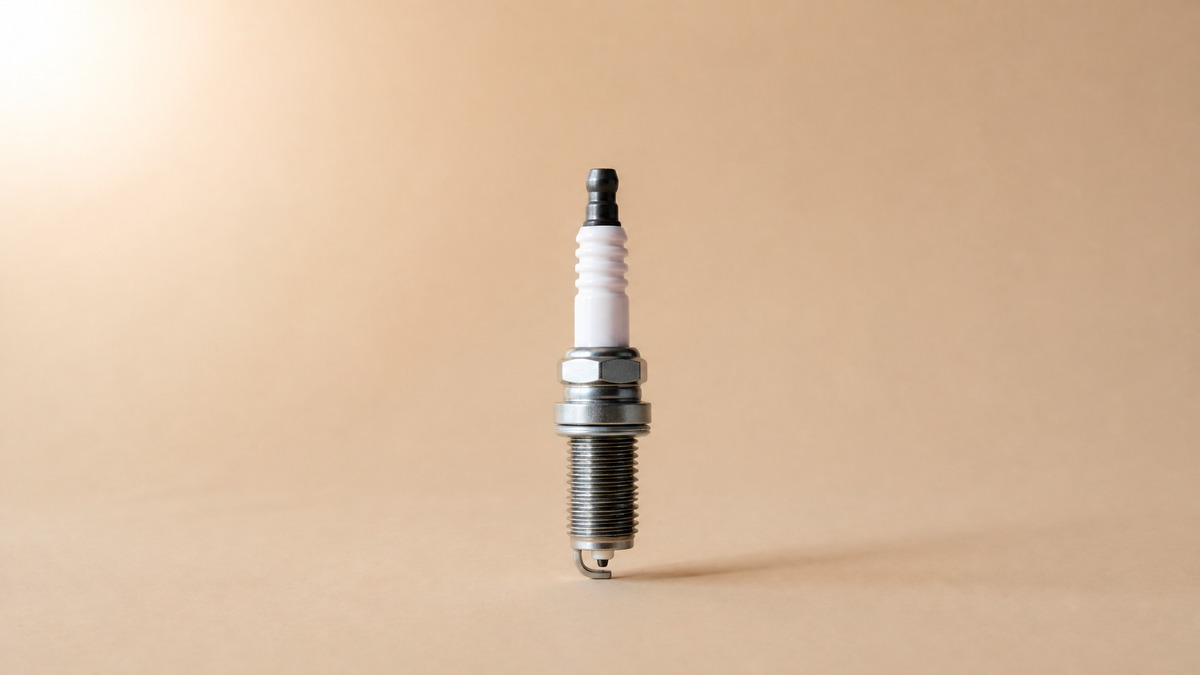 Single iridium spark plug standing upright, ceramic insulator and metal shell visible