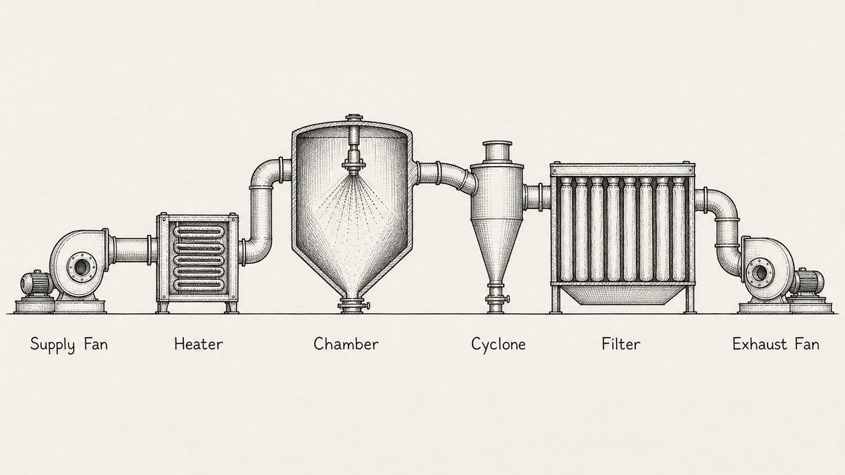 The full air path of a spray dryer drawn as a pen and ink engineering plate along one baseline with a label under each part: a supply fan, a boxed heater coil section, the drying chamber in cut-away with the atomizer inside, a cone-bottomed cyclone separator, a long filter housing in section holding a row of vertical bags, and an exhaust fan at the far end
