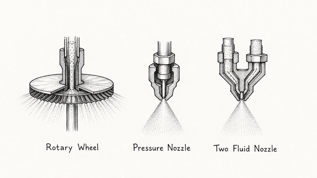 Three spray dryer atomizers drawn as a pen and ink engineering plate with a label under each: a rotary wheel on a vertical shaft with fine radial vanes on its rim, a pressure nozzle with a fine central orifice and a narrow cone of spray, and a two-fluid nozzle with separate liquid and compressed air inlets meeting at a small central tip