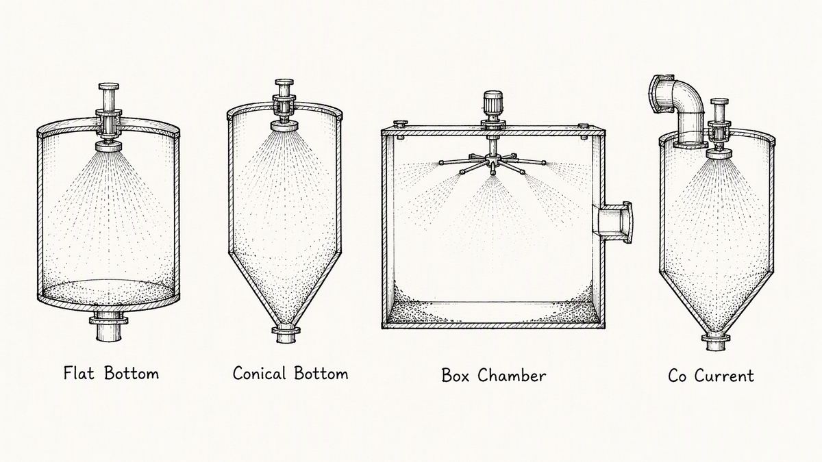 Four spray dryer chamber arrangements drawn as a pen and ink engineering plate with a label under each: a flat-bottomed cylinder with the atomizer on top, a tall chamber with a conical hopper bottom, a large box-shaped chamber in section with the atomizer mounted high in the centre, and a chamber with the hot air duct entering at the top beside the atomizer