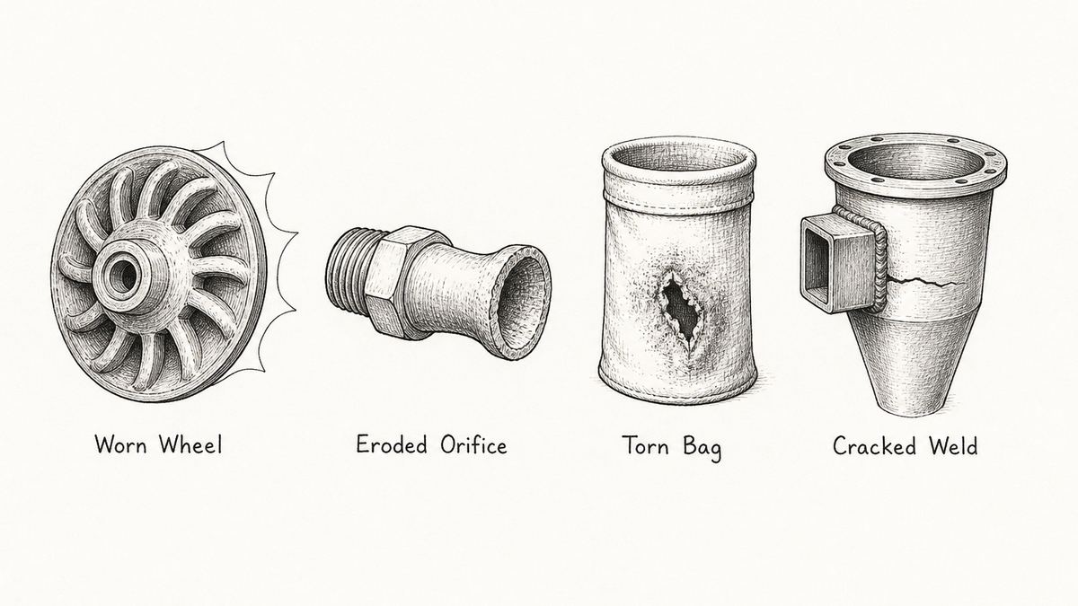 Four failed spray dryer parts drawn as a pen and ink engineering plate with a label under each: a rotary atomizer wheel with its rim vanes worn down and rounded, a pressure nozzle body whose orifice tip is enlarged and whose bore is washed into a bell shape, a filter bag with a torn hole and a worn patch, and a cyclone body with a cracked weld along the joint