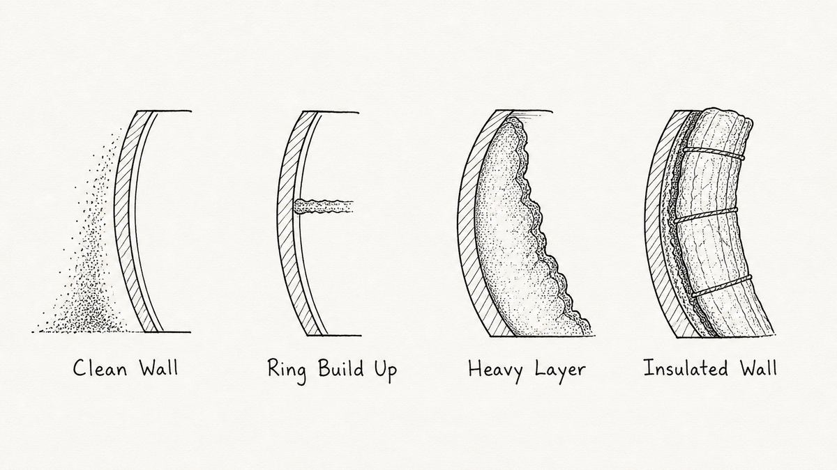 Four chamber wall conditions drawn as a pen and ink engineering plate with a label under each: a clean wall with powder falling freely beside it, a wall carrying one thin ring of powder stuck at a fixed height, a wall carrying a thick uneven stuck layer over a large area, and a wall insulated on the outside with a crusted deposit on the inside face