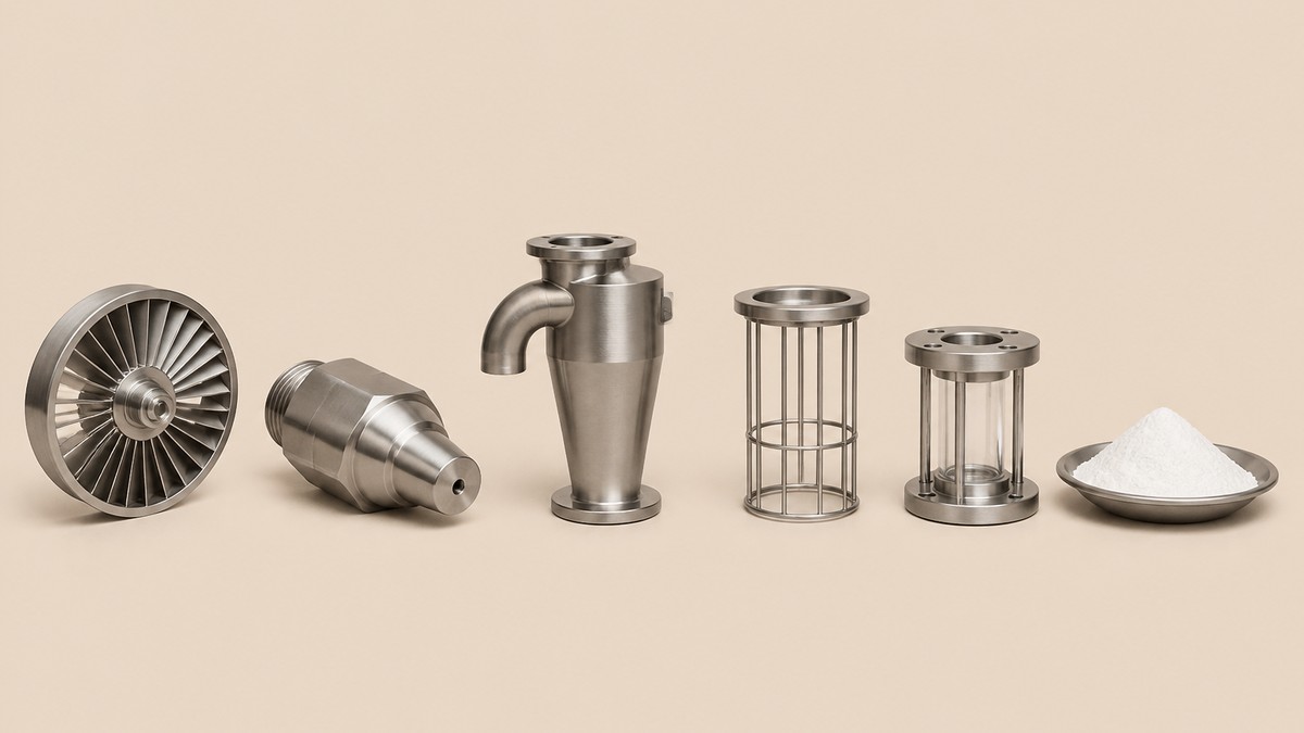 Spray dryer cover image showing a stainless rotary atomizer wheel with radial vanes, a heavy pressure nozzle body, a curved section of a cyclone separator body, a wire filter bag cage, a flanged sight glass assembly and a shallow dish of fine white powder on a warm beige studio surface