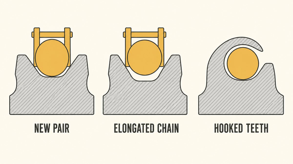 Three stages of chain drive wear compared: a new chain sitting correctly in a new tooth seat, an elongated chain riding high on the tooth flank, and a sprocket whose teeth have worn into a hooked profile