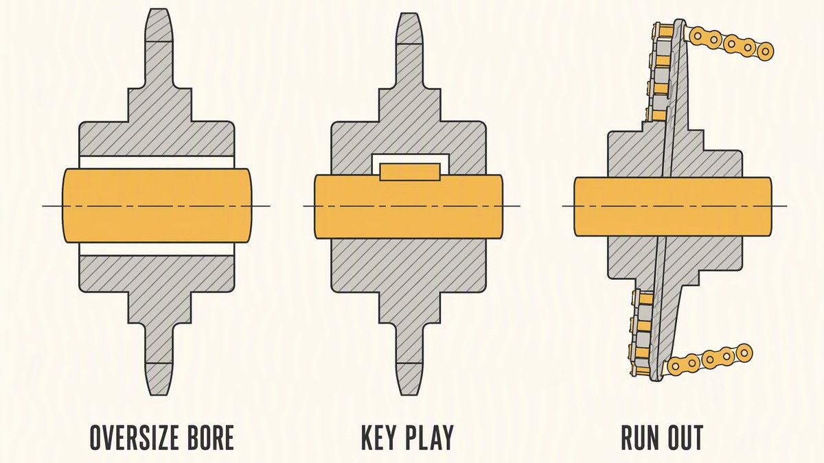 Three sprocket fit faults shown in section: a bore that is oversize on the shaft, a keyway with an undersize key leaving play, and a sprocket running out of square so the chain tension varies as it turns
