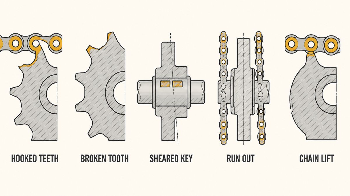 Five sprocket faults shown in section: teeth worn into a hooked profile, a broken tooth, a sheared key with the sprocket turned on its shaft, a sprocket running out of square, and a chain riding up and jumping the teeth