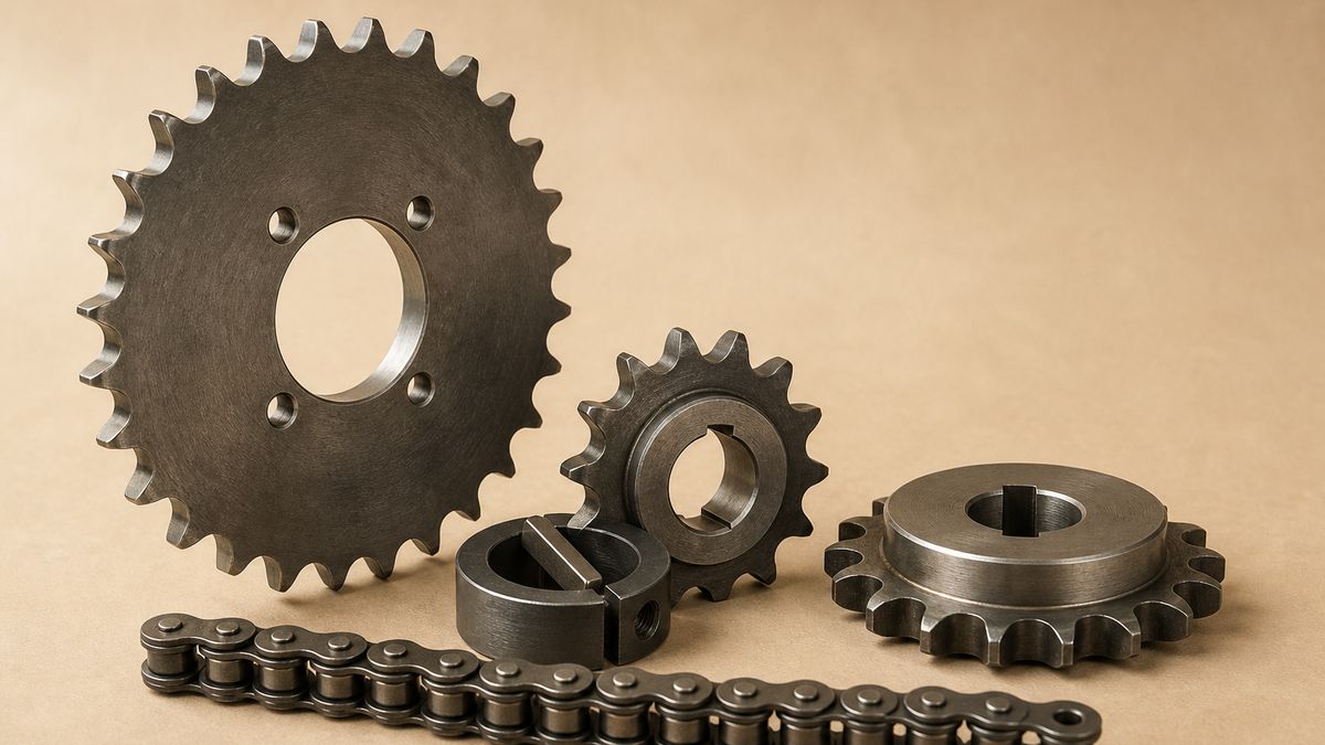 Sprocket sourcing cover: a large plate sprocket, a taper lock sprocket with its bushing beside it, a small hardened driver sprocket and a short section of roller chain on a beige studio surface