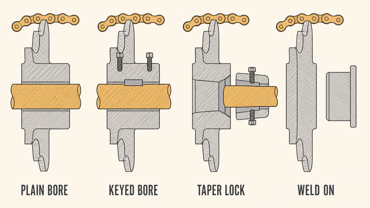 Four sprocket shaft mountings compared in section: a plain bore, a finished bore with a keyway and set screws, a taper lock sprocket with a separate bushing on a tapered bore, and a weld-on plate sprocket with no bore