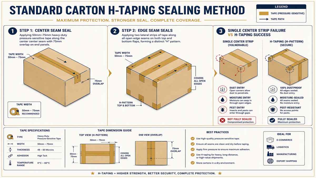Standard Carton H-Taping Sealing Method Blueprint Infographic