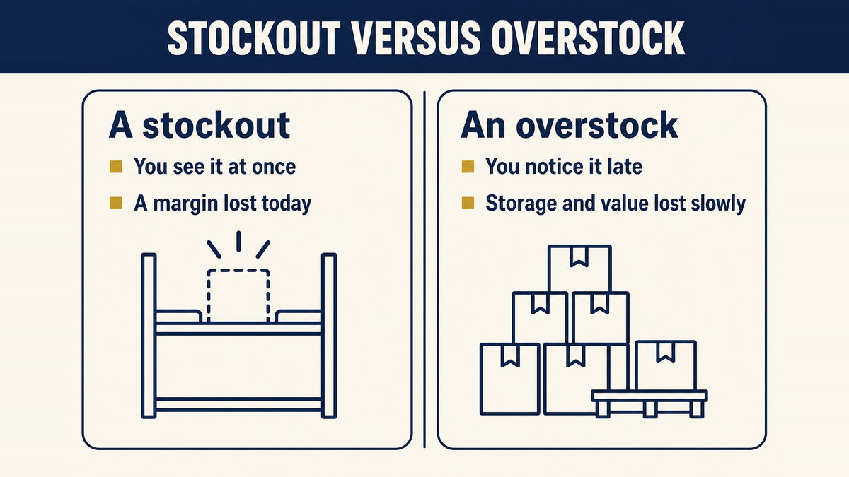 A stockout as an immediate visible lost sale compared with an overstock as a slow accumulating cost