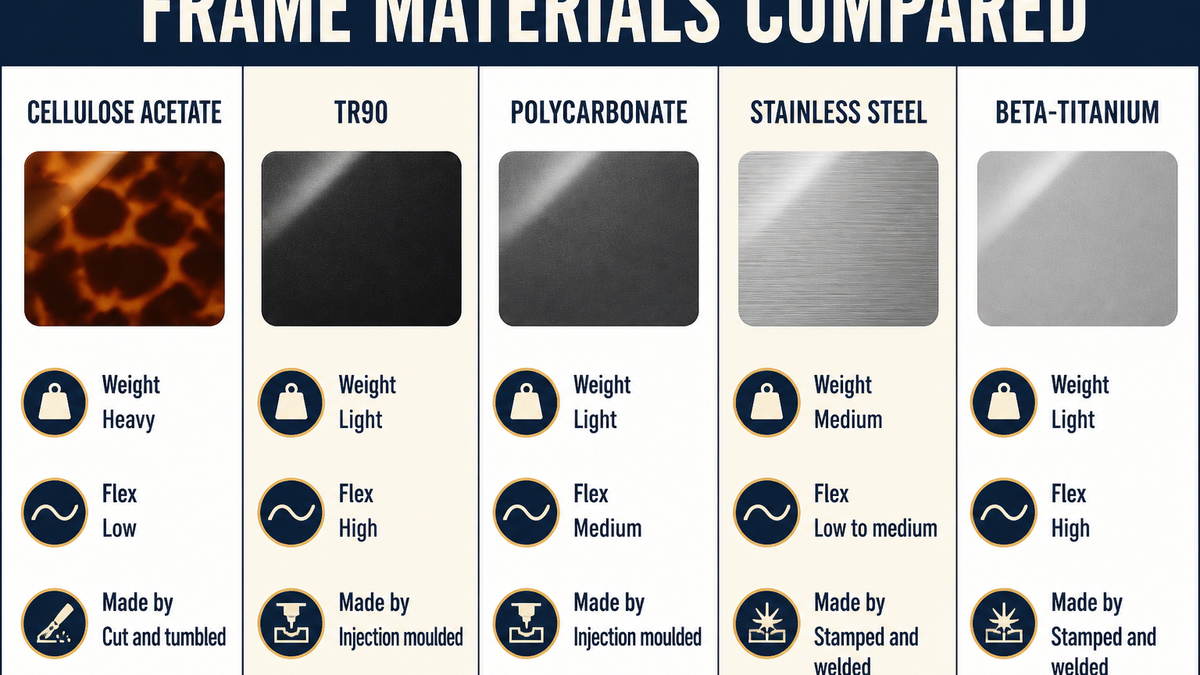 Sunglasses frame materials compared: cellulose acetate, TR90, polycarbonate, stainless steel and beta-titanium