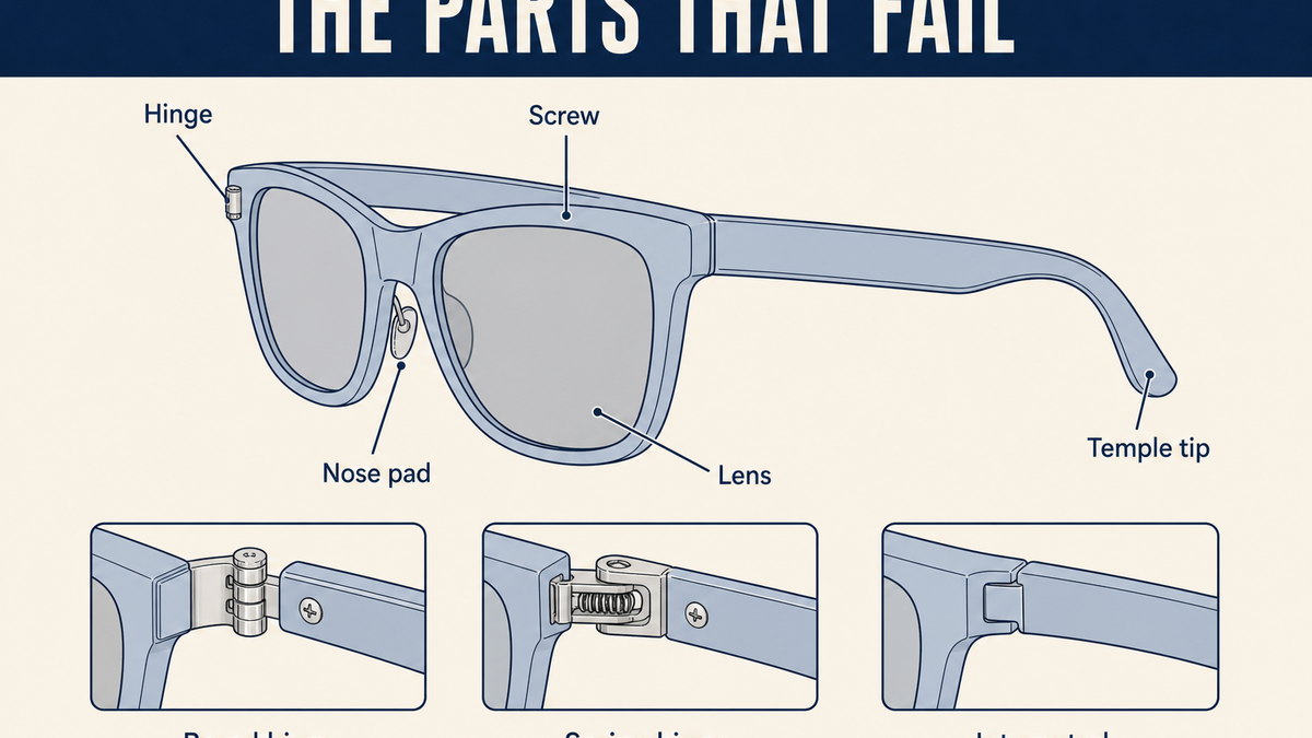 Sunglasses hinge types and frame parts: barrel hinge, spring hinge, screw, nose pad and temple tip