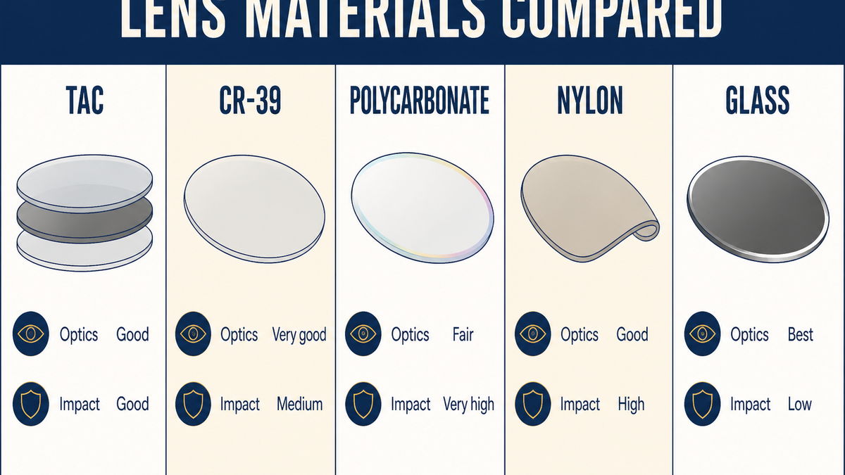 Sunglass lens materials compared: TAC laminated polarised, CR-39, polycarbonate, nylon and glass