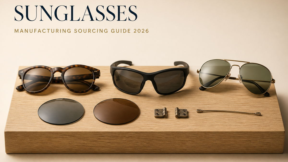 Sunglasses and loose lenses on a board: acetate, TR90 and metal frames with polarised lenses and hinges