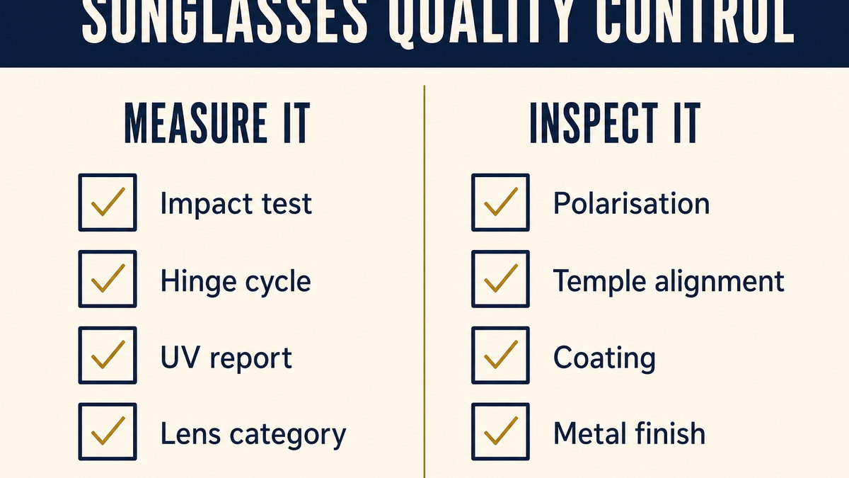 Sunglasses quality control checklist: impact test, polarisation, UV report, hinge cycle, temple alignment and coating