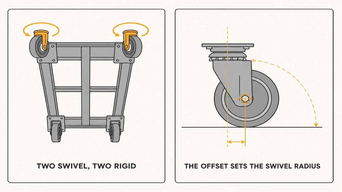 Swivel and rigid castor orientation on a trolley, and a side view showing the offset between the vertical swivel axis and the wheel axle with the swivel radius marked