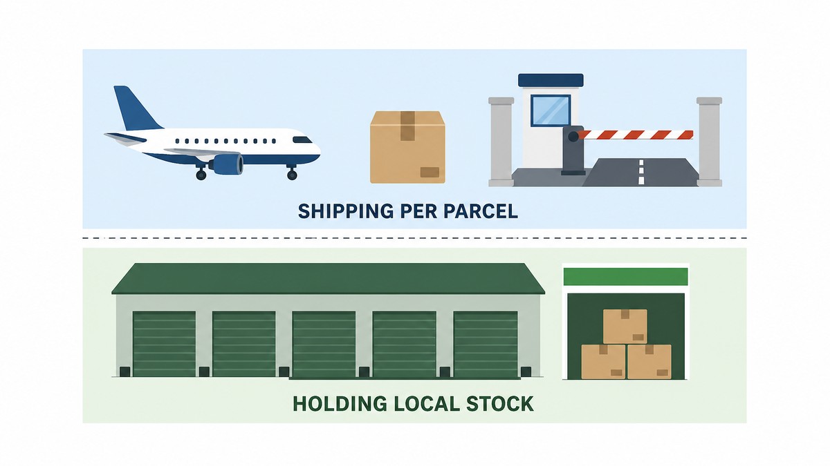 Flat vector infographic with two lanes: a plane, a parcel and a border barrier above, labelled shipping per parcel, and a warehouse with packed storage bays below, labelled holding local stock