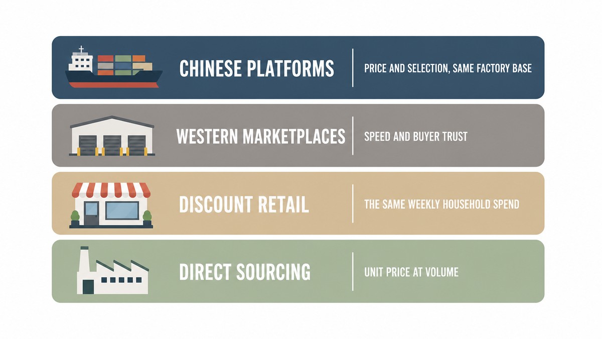 Flat vector infographic with four panels, each carrying an icon and a tier name beside what that tier competes on: Chinese platforms, Western marketplaces, Discount retail and Direct sourcing