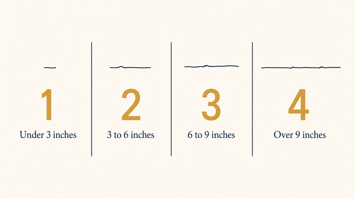 Flat vector diagram of four defect length bands with point values, showing up to three inches as one point, three to six inches as two points, six to nine inches as three points and over nine inches as four points