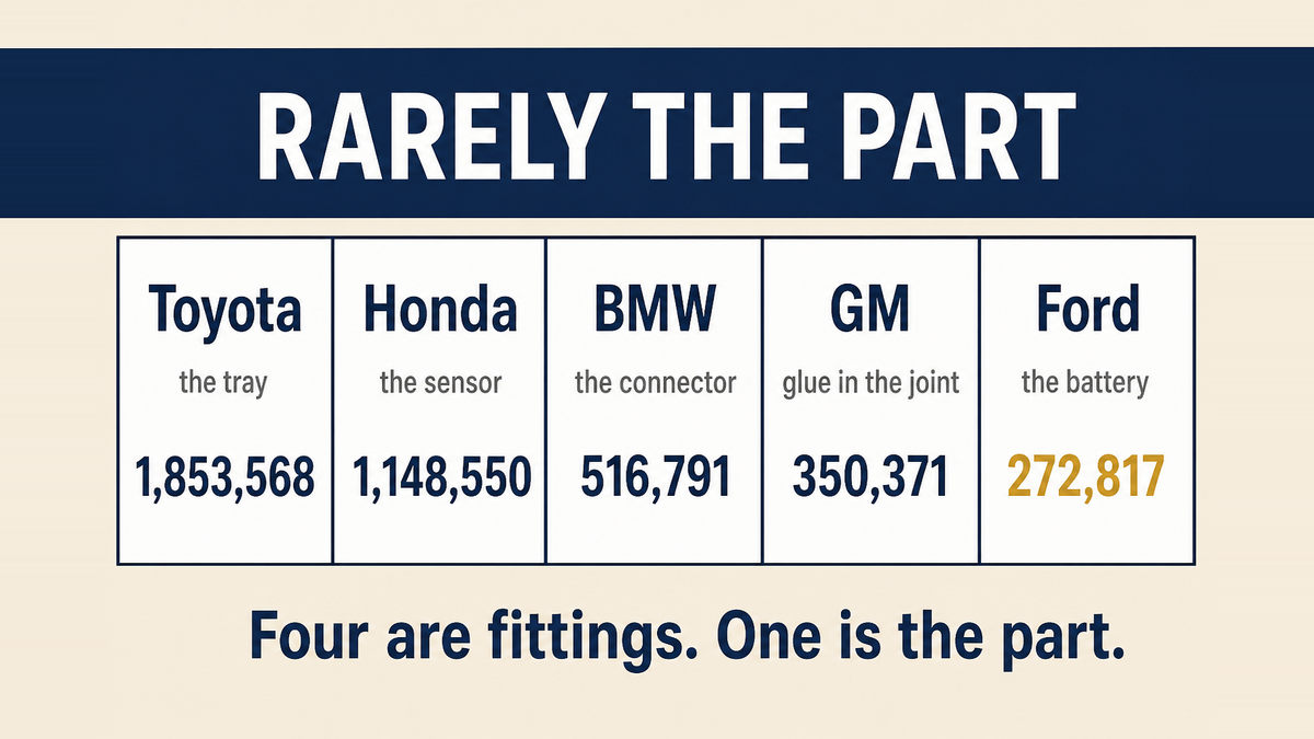 A five column infographic titled Rarely the Part showing Toyota at 1,853,568 vehicles for the battery tray, Honda at 1,148,550 for the battery sensor, BMW at 516,791 for the cable connector, General Motors at 350,371 for glue in the terminal joint, and Ford at 272,817 where the battery itself failed