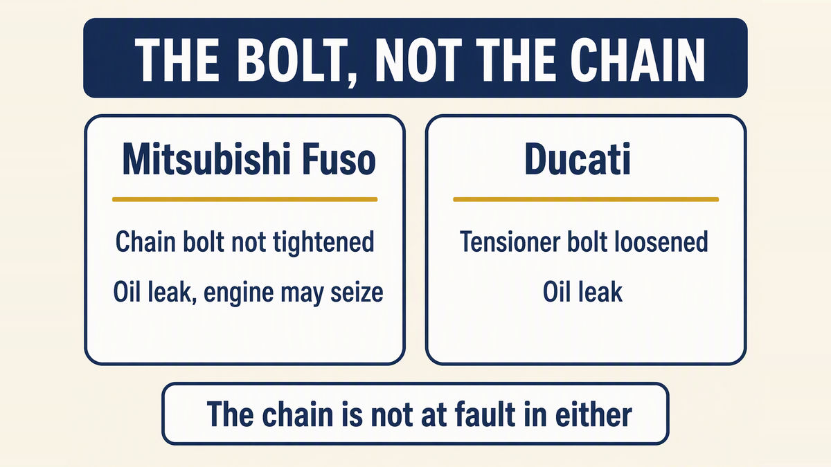 Two panels showing the only two federal campaigns that name a timing chain: a lower timing chain bolt not tightened to torque on a Mitsubishi Fuso truck, and a tensioner adjustment bolt loosening on a Ducati Panigale, with the chain itself not at fault in either case