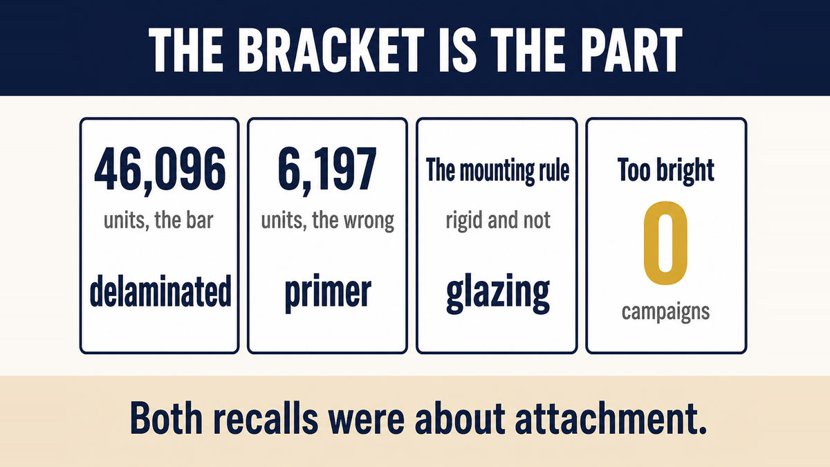 A four column infographic titled The Bracket Is the Part showing 46,096 units where a light bar delaminated, 6,197 units where the wrong primer was used, a rule that a lamp must be mounted on a rigid part and not on glazing, and zero campaigns about a bar being too bright
