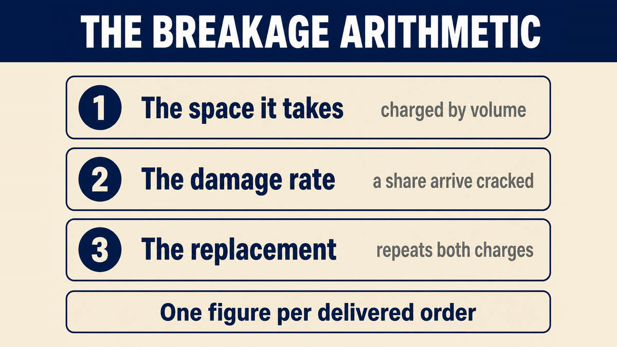 The three charges that stack on a candle order: the charge for the space the parcel takes, the damage rate, and the replacement that repeats both