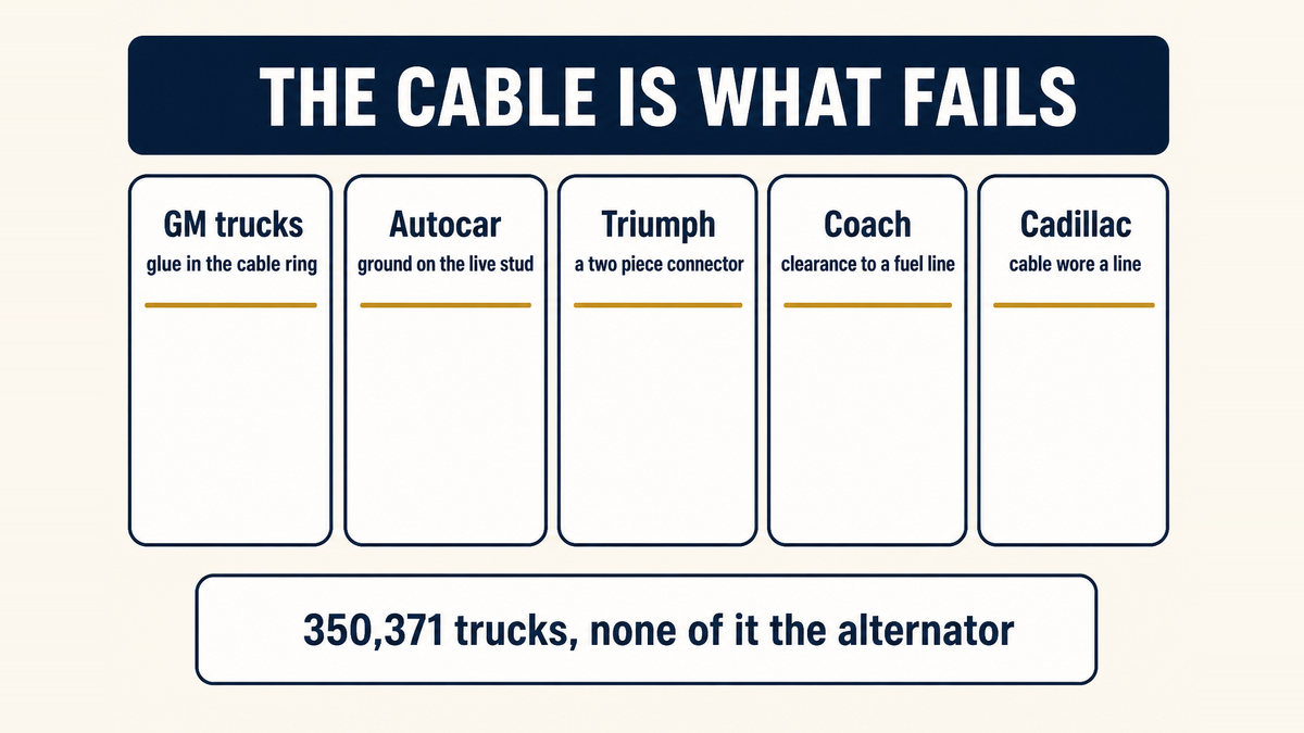 Five federal campaigns where the alternator itself was not the failed item: an excess-glue battery cable ring terminal on GM trucks, a misrouted ground cable against the positive stud at Autocar, a two-piece alternator connector at Triumph, an alternator contacting a fuel line at Coach and Equipment, and an alternator cable wearing through a power steering line at GM