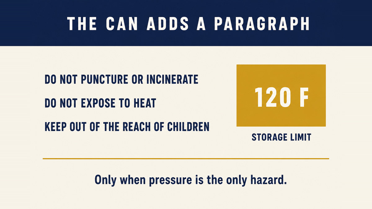 An infographic titled The Can Adds a Paragraph listing do not puncture or incinerate, do not expose to heat, and keep out of the reach of children beside a gold block showing a storage limit of 120 F