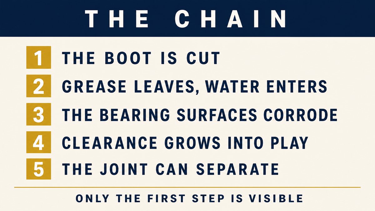 Failure chain diagram: boot cut, grease lost, water in, clearance grows, play develops, joint can separate