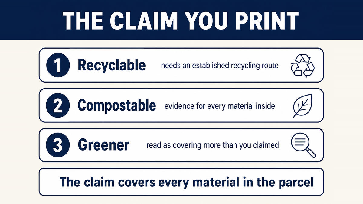 Environmental packaging claims mapped against what each one requires: recyclable needing an established recycling route, compostable needing scientific evidence for all materials, and a comparative word being read broadly