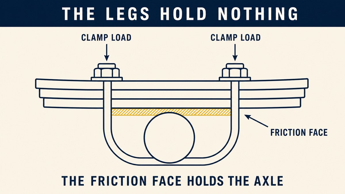 A U-bolt clamping a leaf spring pack to an axle seat, with the friction face marked between the spring and the seat